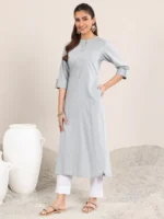 Blue Solid Cotton Blend Straight Kurta - Image 2
