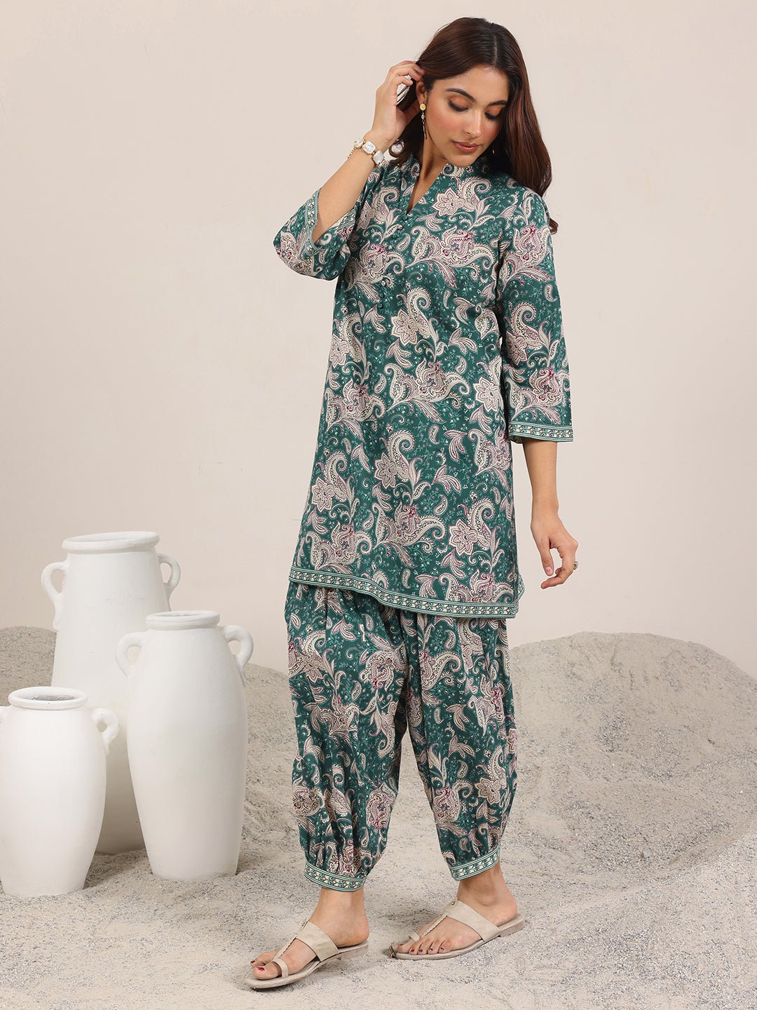 400432_2.jpg Teal Printed Pure Cotton Cord Set - Image 1