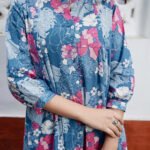Blue Cotton Floral A-Line Short Kurti