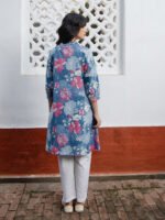 Blue Cotton Floral A-Line Short Kurti - Image 3