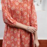Orange Georgette Floral Short Kurti