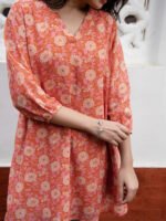 Orange Georgette Floral Short Kurti