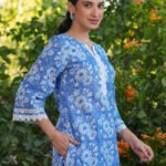 Blue Pure Cotton Floral Printed Straight Cord Set - Style 01113
