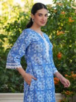 Blue Pure Cotton Floral Printed Straight Cord Set - Style 01113