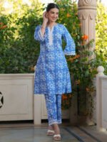 Blue Pure Cotton Floral Printed Straight Cord Set - Style 01113 - Image 2