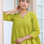 Lime Green Pure Cotton Schiffli A-Line Short Kurti