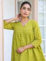 Lime Green Pure Cotton Schiffli A-Line Short Kurti