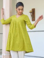 Lime Green Pure Cotton Schiffli A-Line Short Kurti - Image 2