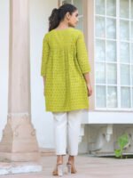 Lime Green Pure Cotton Schiffli A-Line Short Kurti - Image 3