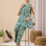 Light Green Pure Cotton Floral Printed A-Line Cord Set