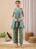 Light Green Pure Cotton Floral Printed A-Line Cord Set - Image 2