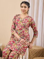 Mint Color Cotton Floral Printed A-Line Cord Set