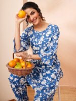 Blue Pure Cotton Floral Printed Straight Cord Set - Style 03537