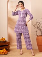 Purple Pure Cotton Floral Printed Straight Cord Set - Image 2