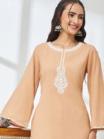 Beige Linen Cotton Embroidered A-Line Cord Set - Image 2