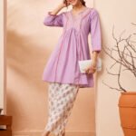 Lavender Pure Cotton Yoke Embroidered A-Line Cord Set
