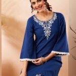 Blue Pure Cotton Yoke Embroidered Straight Cord Set