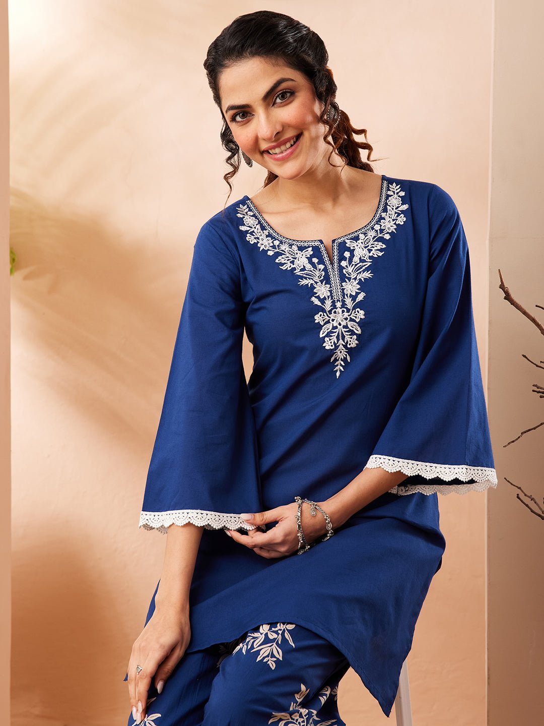JAA26CD03754_1.jpg Blue Pure Cotton Yoke Embroidered Straight Cord Set - Image 1