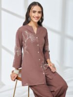Brown Pure Cotton Embroidered A-Line Cord Set