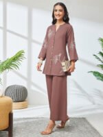 Brown Pure Cotton Embroidered A-Line Cord Set - Image 2