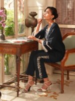 Navy Blue Pure Cotton Yoke Embroidered Straight Cord Set - Image 2