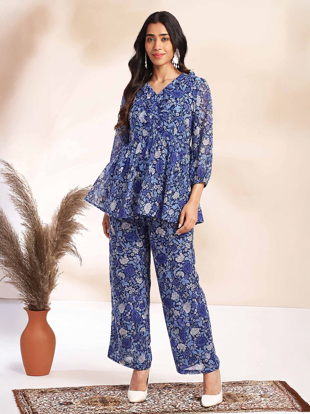 JAA26CD04402_1.jpg Multi Color Georgette Floral Printed A-Line Cord Set - Image 1