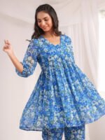 Blue Georgette Floral Printed A-Line Cord Set