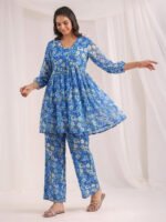 Blue Georgette Floral Printed A-Line Cord Set - Image 2
