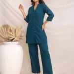 Teal Blue Dobby Chiffon Solid Straight Cord Set