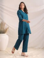 Teal Blue Dobby Chiffon Solid Straight Cord Set - Image 2