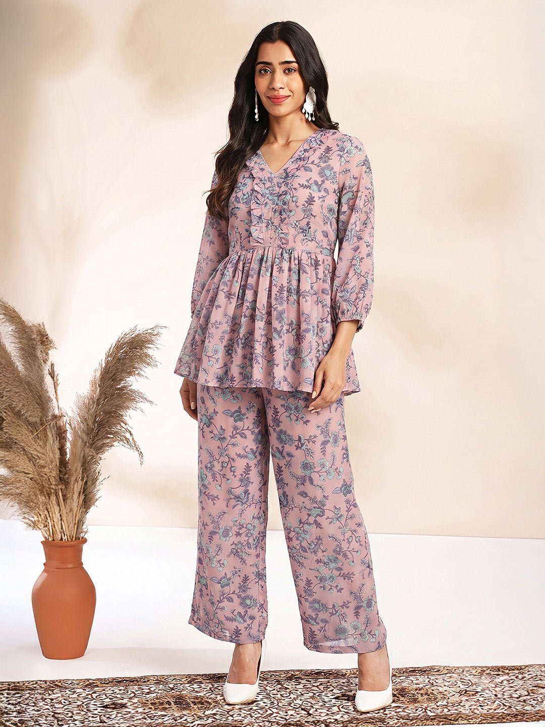 JAA26CD04513_1.jpg Baby Pink Georgette Floral Printed A-Line Cord Set - Image 1