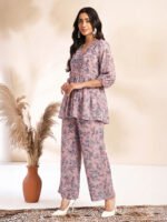 Baby Pink Georgette Floral Printed A-Line Cord Set - Image 3