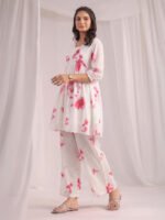 Off White Dobby Georgette Abstract Gathered Cord Set - Image 3
