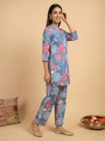 Blue Pure Cotton Floral Printed Straight Cord Set - Style 04601 - Image 2