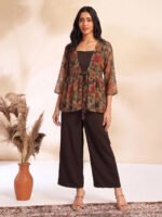 Brown Chiffon Solid Shoulder Strap Crop Top with Trouser Floral Printed Shrug