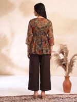 Brown Chiffon Solid Shoulder Strap Crop Top with Trouser Floral Printed Shrug - Image 3
