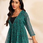 Navy Blue Chiffon Solid Shoulder Strap Crop Top with Trouser Floral Printed Shrug