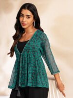 Navy Blue Chiffon Solid Shoulder Strap Crop Top with Trouser Floral Printed Shrug