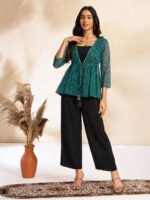 Navy Blue Chiffon Solid Shoulder Strap Crop Top with Trouser Floral Printed Shrug - Image 2