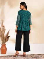 Navy Blue Chiffon Solid Shoulder Strap Crop Top with Trouser Floral Printed Shrug - Image 3