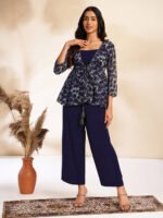 Black Chiffon Solid Shoulder Strap Crop Top with Trouser Floral Printed Shrug - Image 2