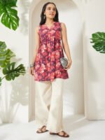 Wine Pure Cotton Floral Printed Gathered Short Kurti