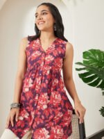 Wine Pure Cotton Floral Printed Gathered Short Kurti - Image 2