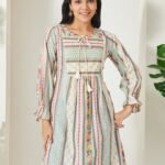 Cream Pure Cotton Floral Printed A-Line Short Kurti