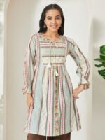 Cream Pure Cotton Floral Printed A-Line Short Kurti