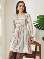 Cream Pure Cotton Floral Printed A-Line Short Kurti - Image 2