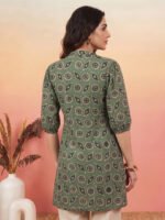 Green Pure Cotton Geometric Printed A-Line Short Kurti - Image 2