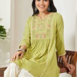 Lime Green Rayon Yoke Embroidered A-Line Short Kurti