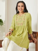 Lime Green Rayon Yoke Embroidered A-Line Short Kurti
