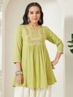 Lime Green Rayon Yoke Embroidered A-Line Short Kurti - Image 2